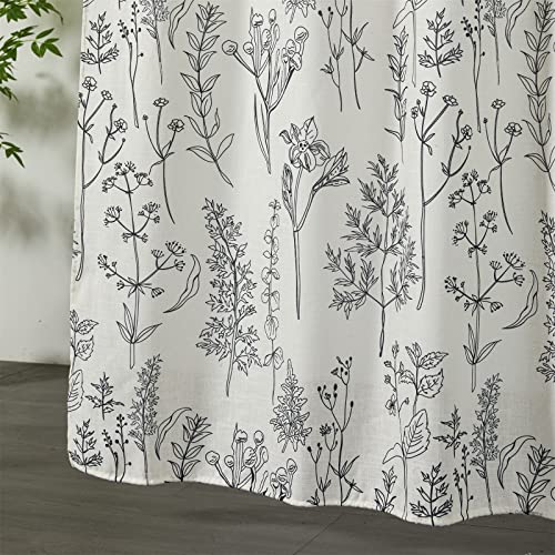 Estmy Vintage Botanical Linen Shower Curtain For Bathroom In Black And Ivory, Heavy Duty 180Gsm Textured Fabric Shower Curtain Set Cute Plant Leaves Design, Modern Farmhosue Boho Floral Bathroom Decor #TOP4