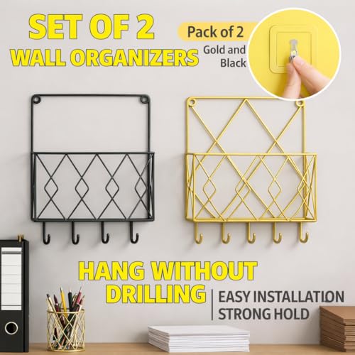 Image of CentraLit 2 Pieces Wall Decor Hanging File Magazine Holder with Hooks - Magazine Newspaper Rack Black Gold Combo File Storage Rack for Office - Home Decor Wall Art Display Rack for Organisation