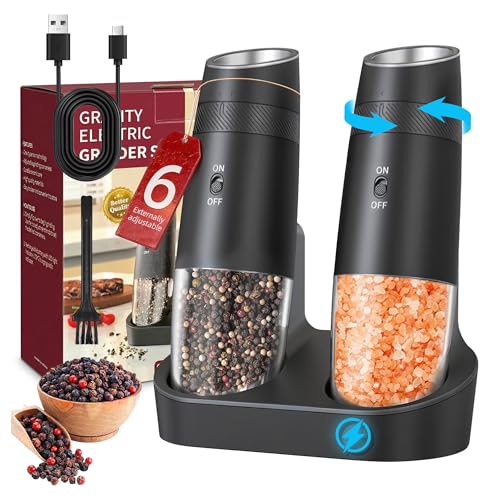 Gravity Electric Salt and Pepper Grinder Set Rechargeable Automatic Shakers Mill Grinder with LED Light, Adjustable Coarseness One Hand Operation, USB-C BatteryPowred, Gift for Home Chefs, 2 Pack