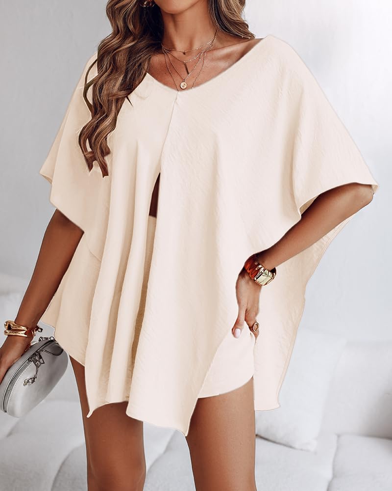 CHICME Completo estivo da donna in 3 pezzi, con spalle scoperte, maniche a pipistrello, con fascia e skorts, abbigliamento casual per le vacanze