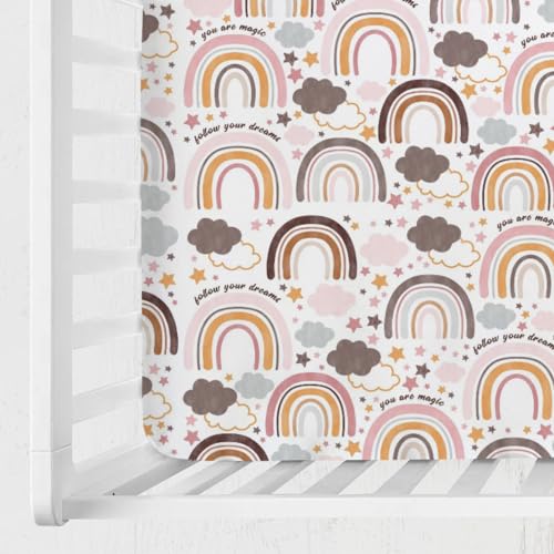 Image of Colorful Boho Rainbow Baby Crib Sheet 52''x28'' Cute Rainbow Clouds Stars Fitted Crib Mattress Cover for Boy Girl Soft Bed Sheet for Standard Size Crib and Toddler Mattresses