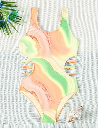Image of SEAUR Girls' One-Piece Swimwear Cute Tie Dye Side Cutout Swimsuit Summer Quick Dry Beach Hawaiian Bathing Suits