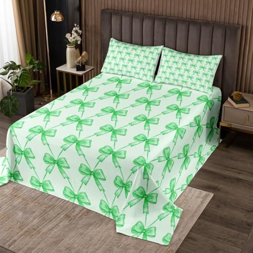 jejeloiu Cute Bow Bedspread Twin Size Green Bowknot Coverlet Set for Kids Boys Girls Kawaii Quilted Coverlet Breathable Soft Lightweight Microfiber Princess Bedroom Decor