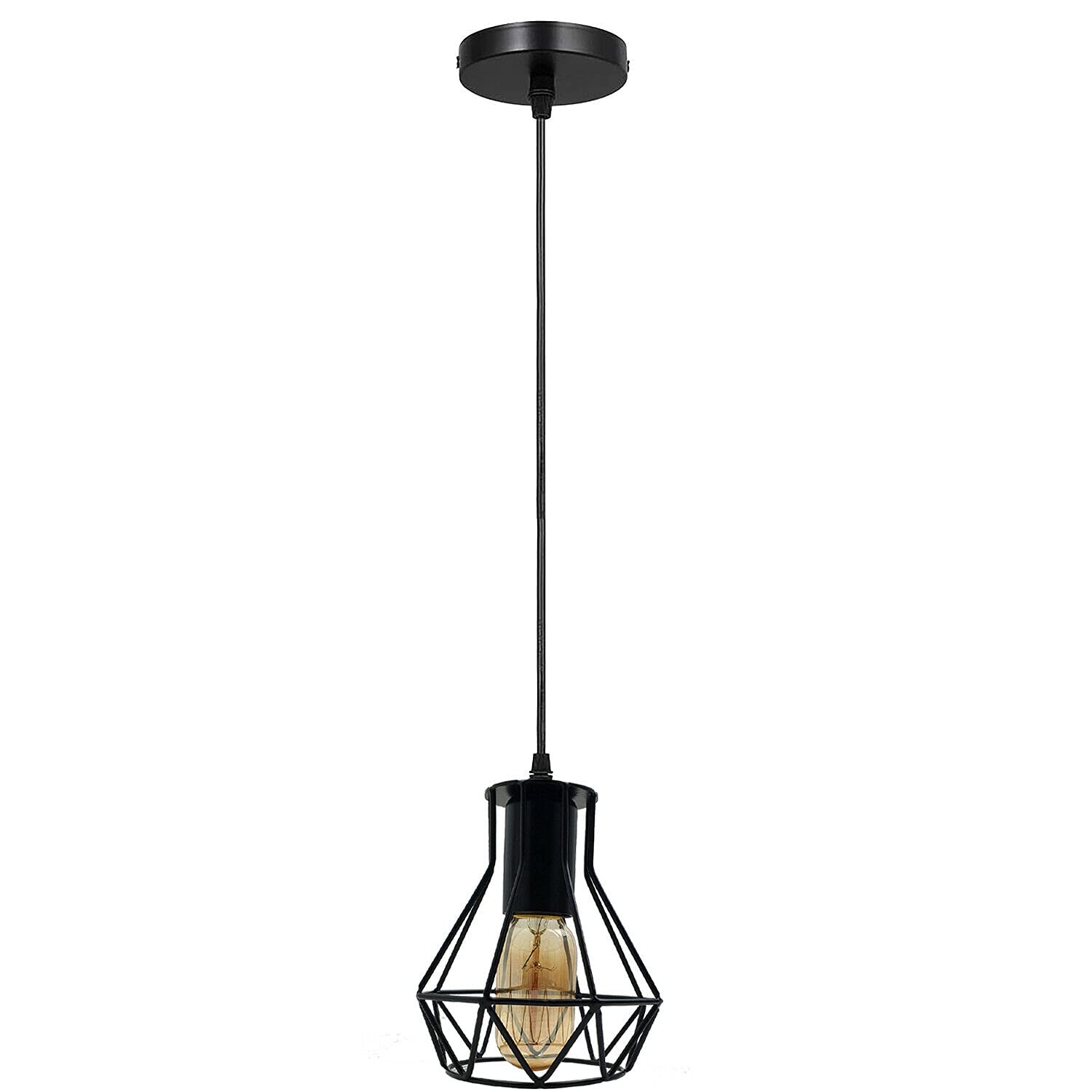 DC VOLTAGE Vintage Light Industrial Pendant Wire Cage Shade, Lamp Black Hanging Ceiling E27 Holder Fitting with Plate for Home, Restaurants and cafes (with Bulb, Single Pendant Light)