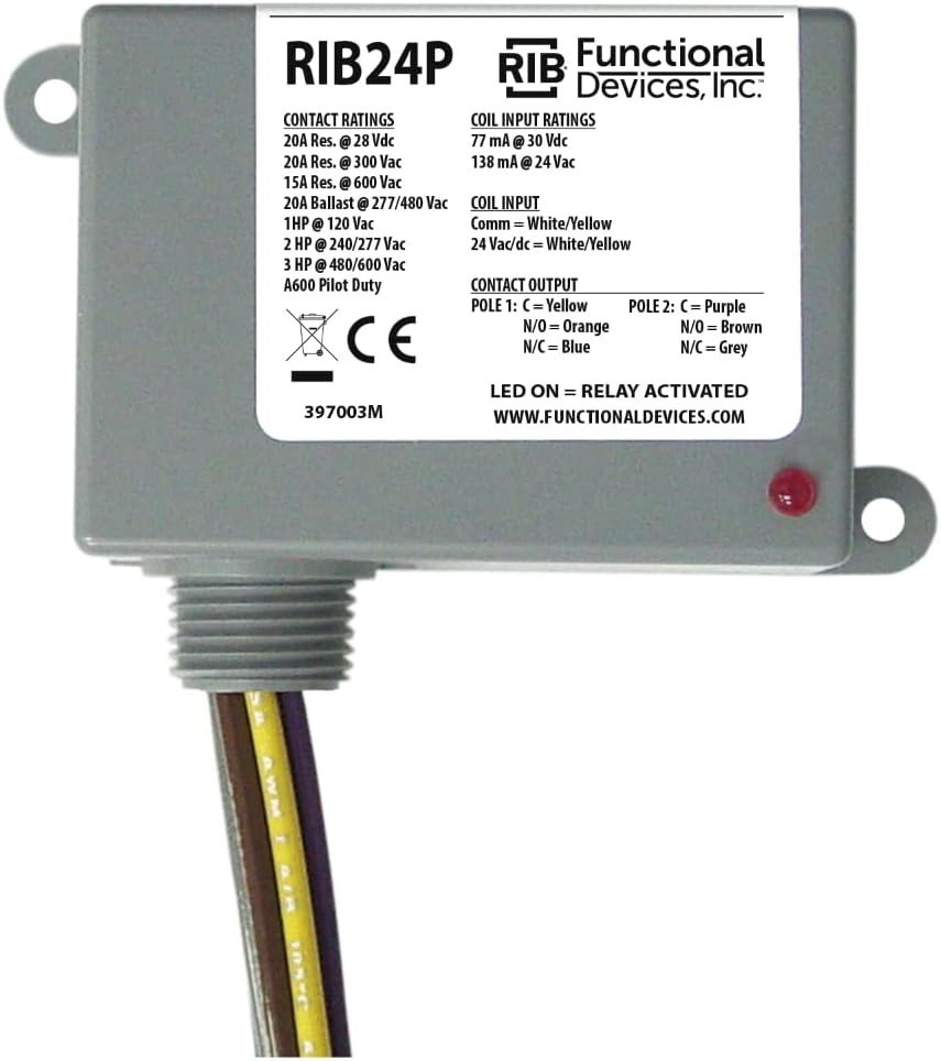 FUNCTIONAL DEVICES RIB24P Relay, 20 AMP, 24 VAC/DC, DPDT, SPUD Mounted