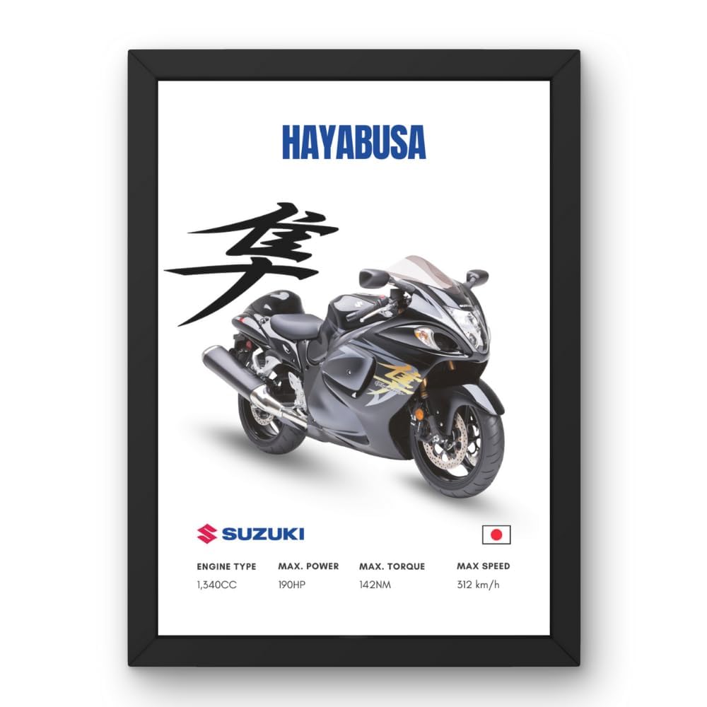 RXSeven Suzuki Hayabusa Motorcycle Poster Inspired Design with Black Frame, A4 Size Laminated Wall Art for Room, Office & Garage Decor (Canvas)