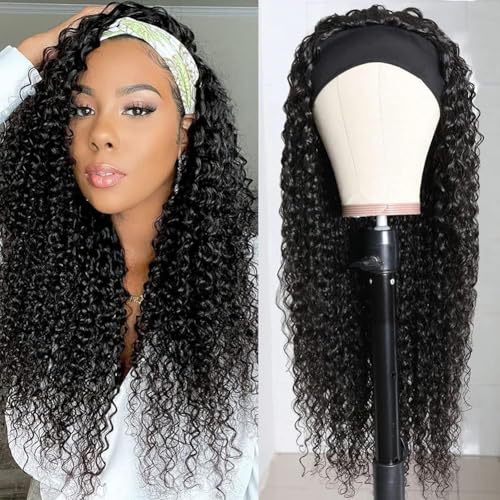Image of Headband Wig Human Hair Kinky Curly for Black Women 28 Inch Natural Colour | Deep Curly Human Hair Wigs None Lace Front Wig,Brazilian Virgin Hair,Glueless Wear Go Beginner Friendly,Quick Install