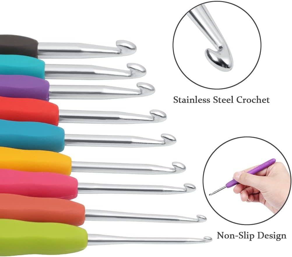 Crochet Hooks Set, 9 Sizes Aluminum Knitting Needles Kit Ergonomic Soft Grip Handle for Arthritic Hands with Measuring Tape Stitch Markers and Sewing Needles(Set of 31PCS)