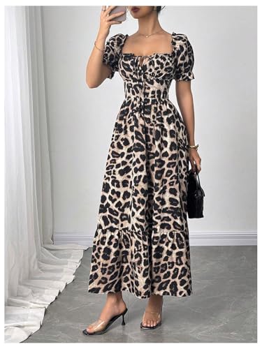 Image of Floerns Women's Floral Short Puff Sleeve Milkmaid Dress Boho A Line Long Dresses