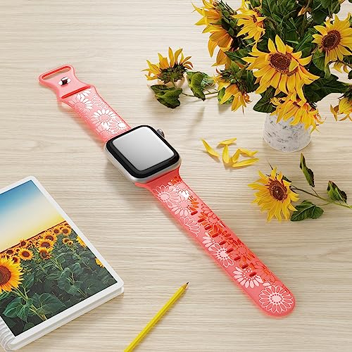 Image of Sunflower Engraved Band Compatible with Apple Watch Bands 38mm 40mm 41mm 42mm 44mm 45mm 49mm Women, Designer Soft Glossy Floral Silicone Strap for iWatch Series Ultra 11 10 9 8 7 6 SE 5 4 3 2 1
