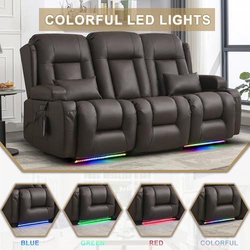 Image of URRED Power Loveseat Recliner Sofa with Massage and Heat, Wall Hugger Reclining Loveseat with Console, RV Couch Home Theater Seating with LED Lights for Living Room (Dark Brown, 76.8 inch - 3 Seats)