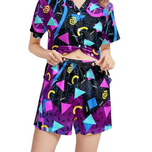 Image of Silk Satin Pajama Set for Women Summer Lounge Pjs Sets 2 Piece Suit Ladies Button Down Tops And Shorts Sleepwear