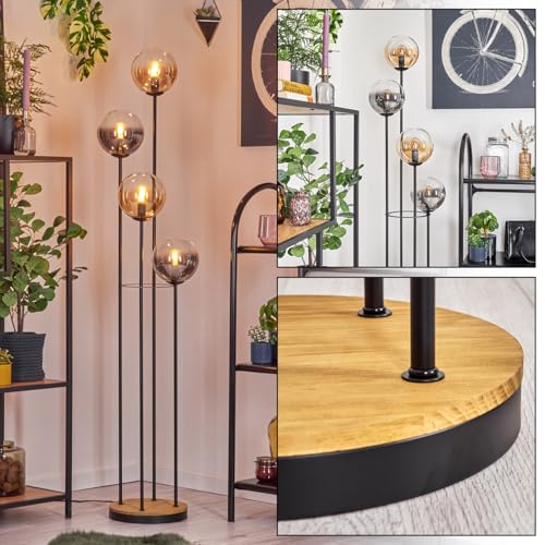 HOFSTEIN Gastor Lampadaire en métal/bois/verre en noir/marron foncé/ambre/fumé/transparent, lampe au design vintage (abat-jour Ø 15 cm), interrupteur à...