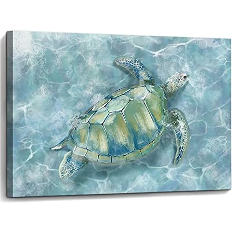 Bathroom Wall Decor Sea Turtle HD Pictures Print on Canvas Framed Wall Art for Bedroom Kitchen Modern Blue Coastal Room Decorations Art Work Green Turtle on Blue Water Size 20x20 inches Ready to Hang Cover