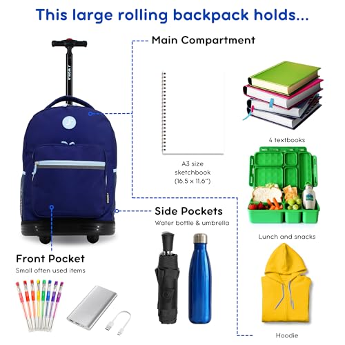 Image of J World Sunrise Kids Rolling Backpack with Wheels for Girls Boys, Roller Bookbag for School, 18 x 13 x 9 Inches, Navy
