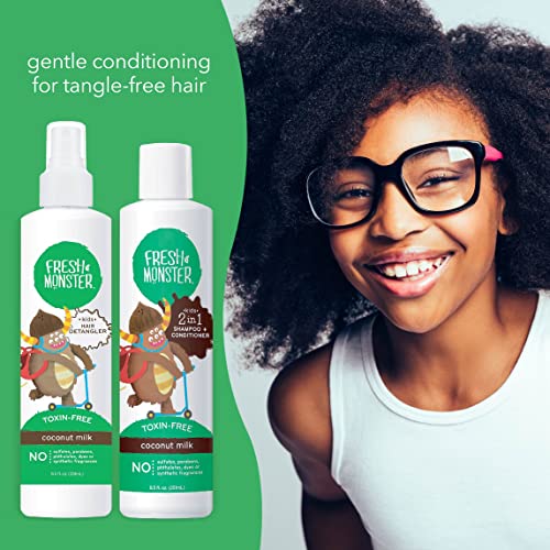 Fresh Monster Kids Hair Detangler Spray & 2-In-1 Shampoo & Conditioner Combo, Toxin-Free, Hypoallergenic & Natural, Coconut (8.5 Oz Detangler & 8.5 Oz 2-In-1 Shampoo & Conditioner) #TOP5