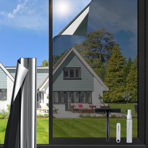 DOWELL One Way Window Privacy Film with 3 Tools Window Tint for Home Sun Blocking Heat Control Anti UV Reflective Mirror Covering See Out Not in for House and Office Black Silver 17.5
