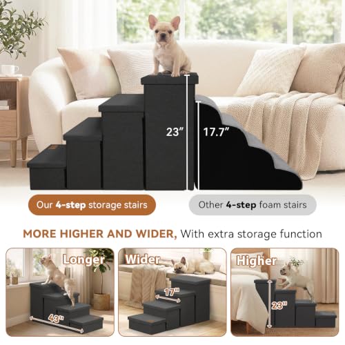 Image of Zerbuger Dog Stairs with Storage, Dark Grey 4 Steps Dog Ramp no Condo | 23 inch H Wider Dog Steps for High Beds Couch, Folding Storage Pet Stairs Gift for Climbing Small /Medium /Large Old Dogs Cats