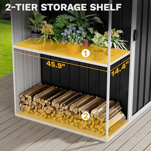 Image of DWVO 8 x 4 ft Outdoor Storage Shed with 2-Tier Shelf, Metal Tool Shed & Garden Storage Cabinet for Backyard, Patio, Equipment & Bike, Black