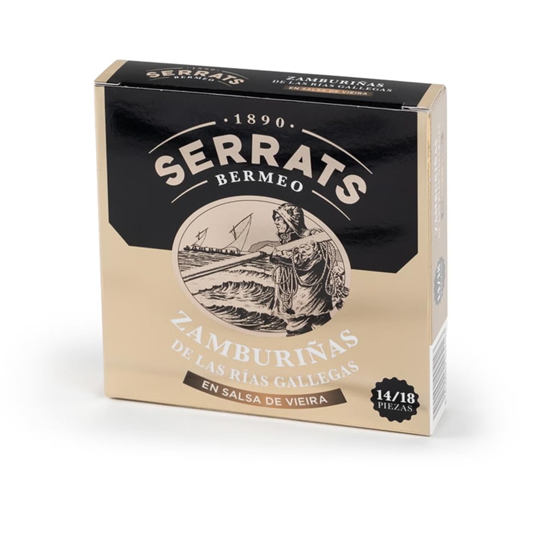 CONSERVAS SERRATS - Zamburiñas de las Rías Gallegas en Salsa de Vieira 14/18 Piezas por Lata - 8 latas x 110g (Total: 880g) - Elaboración Artesanal desde 1890 - Sin Gluten, Rico en Omega 3