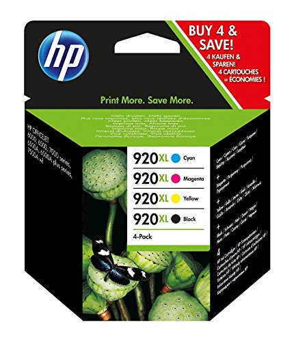 HP 920XL C2N92AE, Negro y Tricolor, Cartuchos de Tinta de Alta Capacidad Originales, Pack de 4, Compatible con impresoras de inyección de Tinta Officejet Series 6000, 7000