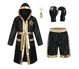 GRAJTCIN Men Boxing Hooded Costume Golden Dragon Boxing Outfit for Adult with Boxer Robe, Necklace, Gloves and Shorts (Black-Dragon 4 Pcs, M)