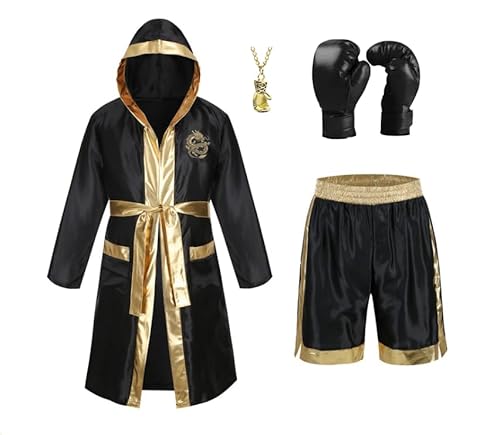 maxToonrain Costume da boxe da uomo, con cappuccio, motivo drago nero e oro, in raso, per feste di Halloween, 5 pezzi (oro, XL)