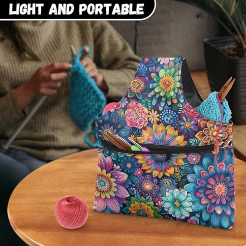 Image of ZUXONGSYBoho Colorful Floral Yarn Bag with Holes for Crochet Lightweight Yarn Storage Bag Organizer Portable Knitting Handbags and Totes Knitting Accessories