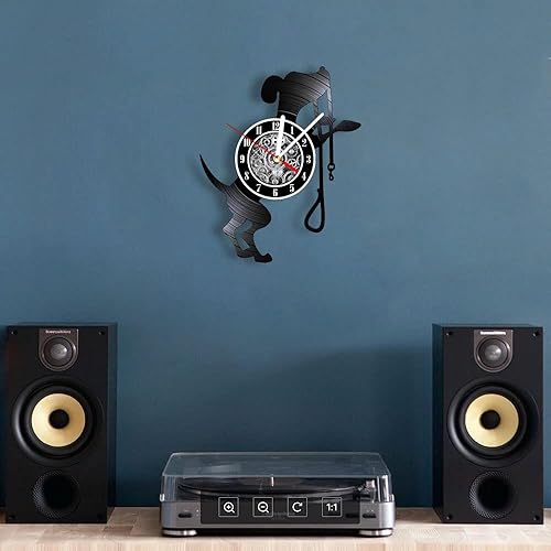 Miniatura 8 de The Geeky Days Reloj de pared de cuarzo silencioso con batería de disco de vinilo negro para perros y mascotas, reloj colgante de álbum retro
