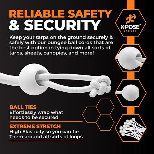 Image of Xpose Safety Bungee Ball Cords 9 inch 100 Pack Heavy Duty White Stretch Rope with Ball Ties for Canopies, Tarps, Walls, Cable Organization