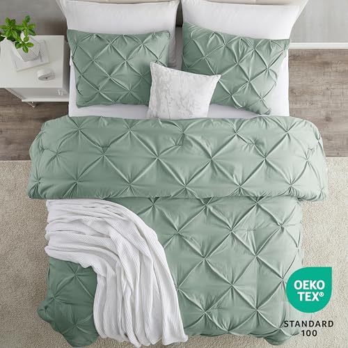 Image of Nestl Sage Green Duvet Cover King Size - Soft Double Brushed Duvet Set with Button Closure & Corner Ties, 3 Piece Luxurious Pinch Pleated Duvet Cover Set 104x90 Inches with 2 Pillow Shams