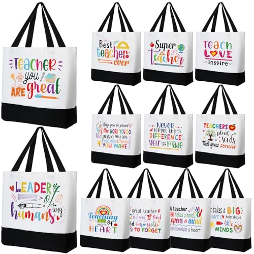 Abbylike 12 Pcs Teacher Tote Bags Gifts Bulk for Women End of Year Graduation Retirement Gifts Back to School Thank You New Teacher Appreciation Canvas Boho Tote Handbag for Coworker Employee