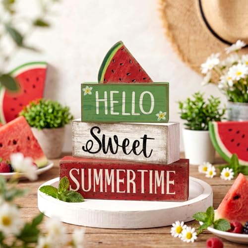Image of Moucuny 4 Pcs Summer Wooden Table Decor Watermelon Tiered Tray Decor Farmhouse Table Decoration Hello Sweet Watermelon Book Block Summer Decoration for Home Office Kitchen Mantel Shelf