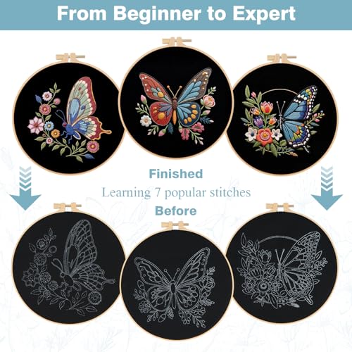 Image of RidaaFri Embroidery Kit for Beginners, 3 Pk Stamped Butterfly DIY Craft Supplies with Hoop, Needles, Floss, Video, Complete Starter Kit for Learning Embroidery, Hobby Gift