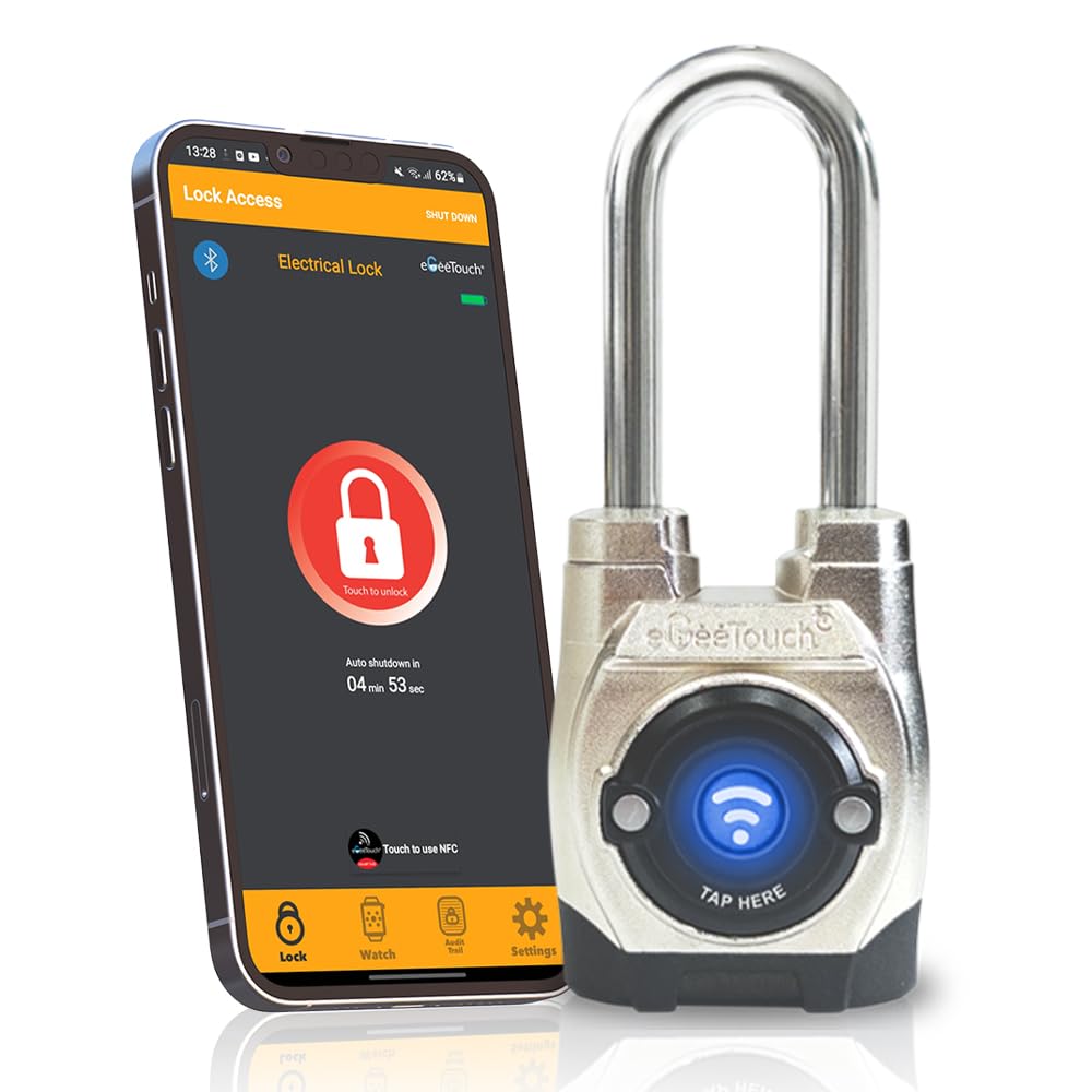 eGeeTouch 5th GEN Outdoor Smart Padlock – (Single, Long Shackle) Keyless Bluetooth & NFC Lock, Weatherproof Security for Gates, Sheds, and Bikes - Convenient App Control & Reliable Durability