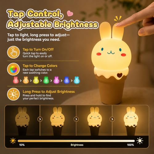 Image of LOHAS Bunny Ice Cream Cute Night Lights, 7 Colors Kawaii Desk Decor, Pat Control and Rechargeable Base, Funny Gift, Bedroom and Nursery Decor