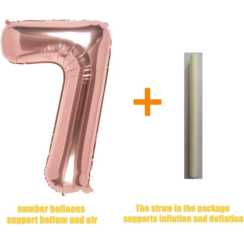 Image of Bubblebells Rose Gold 32 Inches 7 Numbers Shape Large Big Foil Helium Balloons for Party Decorations in Happy Birthday Anniversary Office Items Materials Set Pack