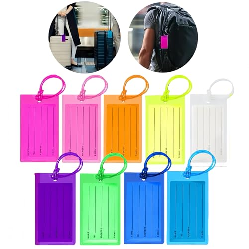 Etiquetas de equipaje de silicona flexible multicolor, 9 etiquetas de maleta personalizables, ideales para identificar tus mallas, bolsas de viaje y equipaje