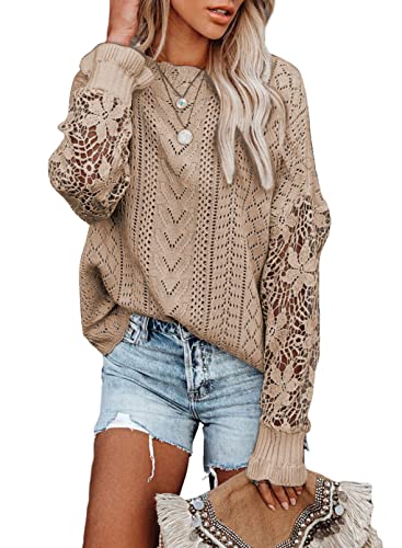 AlvaQ Lace Sweaters for Women Knit Lantern Sleeve Pullover Crewneck Jumper Tops Fashion 2023Beige XS