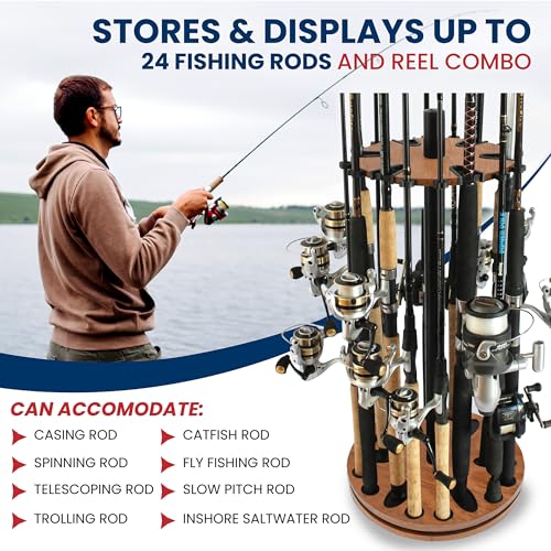 image for Rush Creek Creations 24 Rod Fishing Pole Holder - 360 Rotating Rack fo