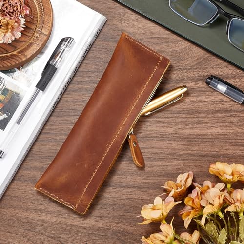 GORGECRAFT Top Grain Water buffalo Leather Pen Zippered Holder Real Leather Pencil Pouch Vintage Crazy Horse Leather Pen Bag Fountain Pen Holder for Business Office Stationery Storage Saddle Brown - Image 4