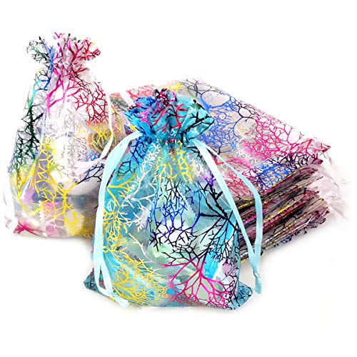 YuChiSX Pochettes en Organza,Couleur Mixte Motif Coral Organza,Cordon de Serrage Sacs Mariage Sac en Organza Multicolore Bijoux Pochettes pour Noël