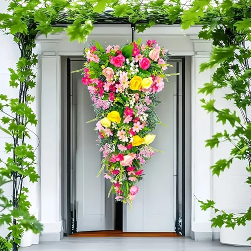 Spring Teardrop Swag, 23.6inch Decorative Floral Swag with Rose Flowers, Artificial Rose Swags, Wedding Arch Flowers Greenery Floral Arrangement for Home Table Door - Image 6