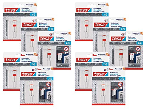 Preisvergleich Produktbild tesa Verstellbarer Klebenagel (für Tapeten und Putz 2 kg, Höhenverstellbarer, selbstklebender Wandnagel, bis zu 2 kg Halteleistung pro Nagel) 2er Pack (10 Packungen / 2 kg)