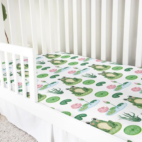 Image of Funny Frogs Flower Leaves Pond Baby Crib Sheets 52''x28'' Water Lilies Lake Stretchy Fitted Crib Mattress Covers for Boy Girl Animal Soft Nursery Bed Sheets for Standard Crib and Toddler Mattresses