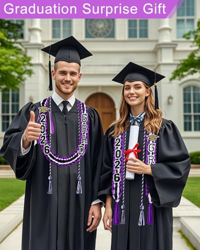 Image of Yigney Graduation Lei Set Class of 2026 Grad Ribbon Leis with Honor Cord Double Braided Graduate Leis for Men Women Purple Black White