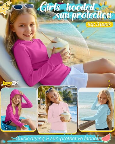 Image of 3 Pack Girls Sun Protection Swim Shirts UPF 50+ Long Sleeve Rash Guard Lightweight Quick Dry Hoodies with Thumbhole