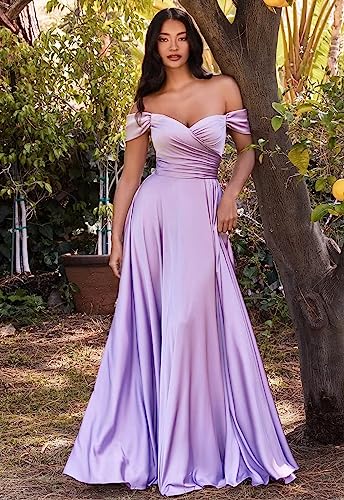 Off Shoulder Bridesmaid Dresses Satin Prom Dress Long Ruched A Line Formal Evening Gown with Slit P0153
