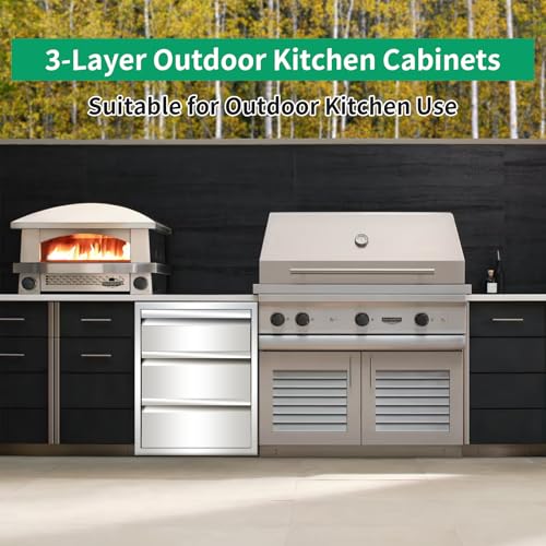 Image of Outdoor Kitchen Drawers 14 inch W x 21 inch H x 23 inch D Stainless Steel Triple Drawers with Hidden Handle for BBQ Island, Patio Grill Station & Outdoor Kitchen Cabinets