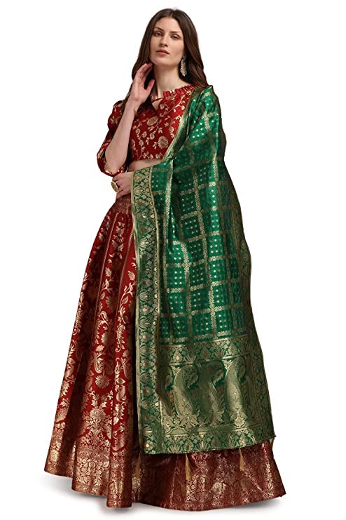 Damska sukienka żakardowa Lehenga Choli & Dupatta na wesele, dowolny rozmiar (Lehenga: częściowo szyta i bluzka: bez szycia)